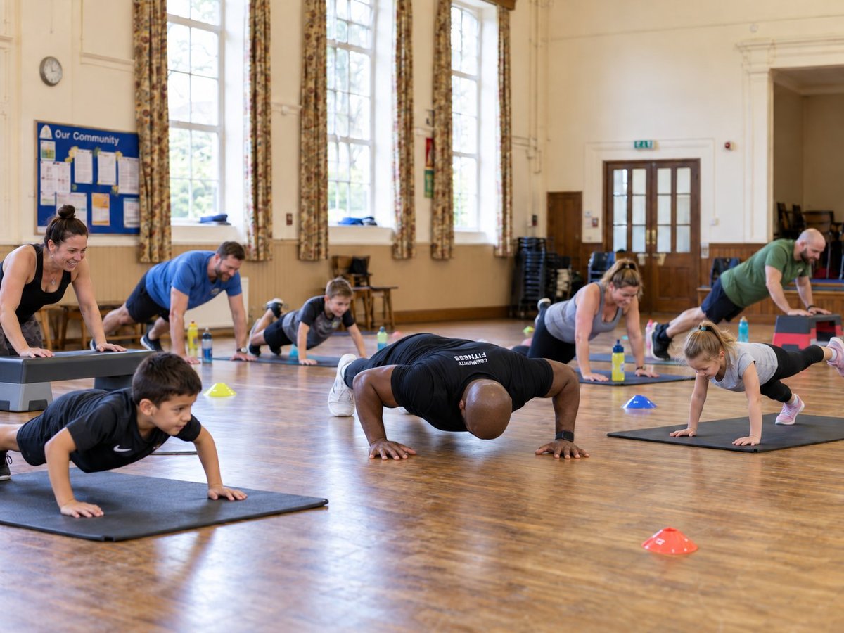 Adults taking part in a group fitness class