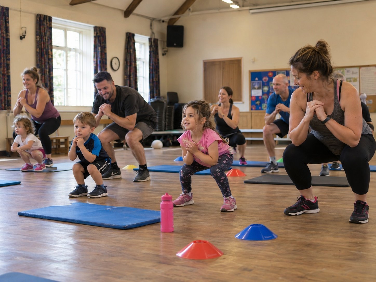 Adults and children exercising together in a family fitness class